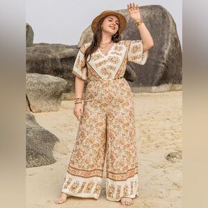 Plus Size V-Neck Flutter Sleeve Wide Leg Jumpsuit